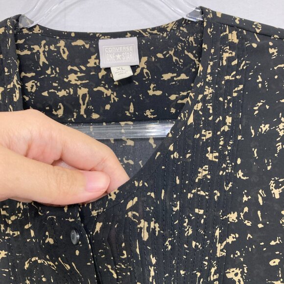 Converse Top size XL Black Tan Abstract Sheer Long Sleeve Popover Blouse - Picture 3 of 10